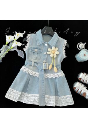 Rochie Blugi Fetițe Denim cu Dantelă Albă și Curea Victoria