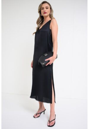 Rochie din satin cu insertii de dantela si slit lateral - Negru