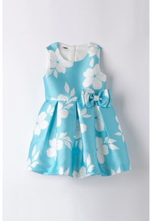 Rochie evazata cu model floral si funda - Turcoaz/Alb optic