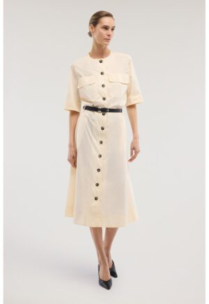 Rochie midi evazata cu nasturi si o curea in talie - Bej deschis