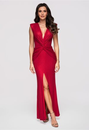 Rochie maxi de seara cu decolteu in V - fara maneci - croi tip coloana LA-OM-DLR373 - Rosu