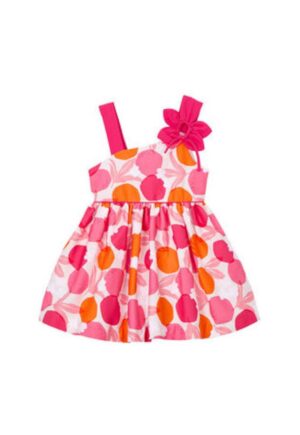 Rochie eleganta fete -  roz - bumbac - fara maneci - cu floare decorativa -