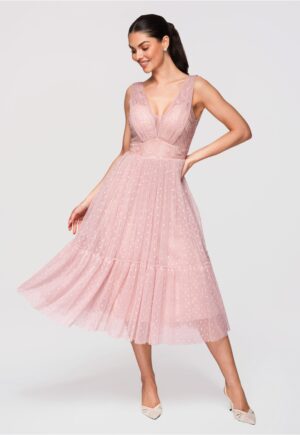 Rochie Midi Evazata Dantela si Tul Rochie Eleganta de Cocktail - Nude