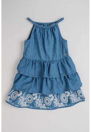 Rochie din chambray - cu broderii - Albastru inchis
