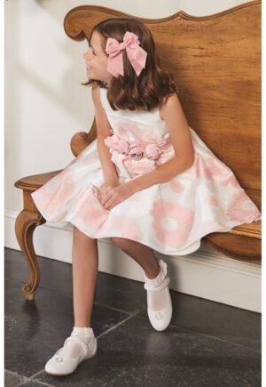 Rochie cu model floral si cordon in talie - Alb/Roz pal