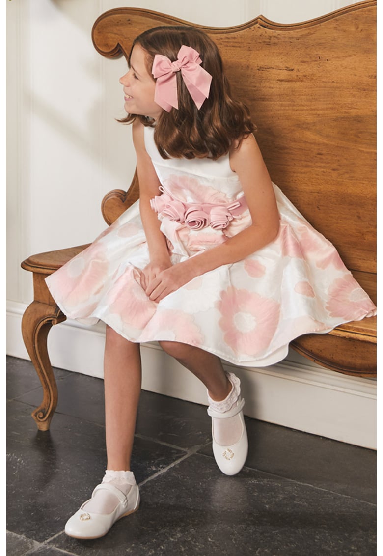 Rochie cu model floral si cordon in talie - Alb/Roz pal
