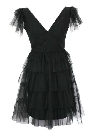 Rochie midi stratificata cu decolteu in V - Negru