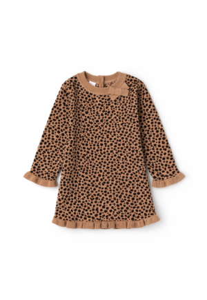 Rochie fete iDO din bumbac tricot - model animal print cu fundita aplicata