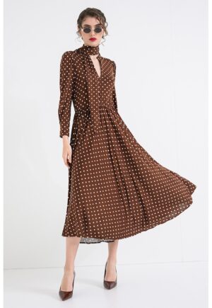 Rochie midi cu buline - Alb/Maro pamantiu