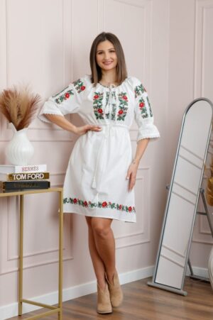 Rochie alba cu motiv floral rosu Lucia