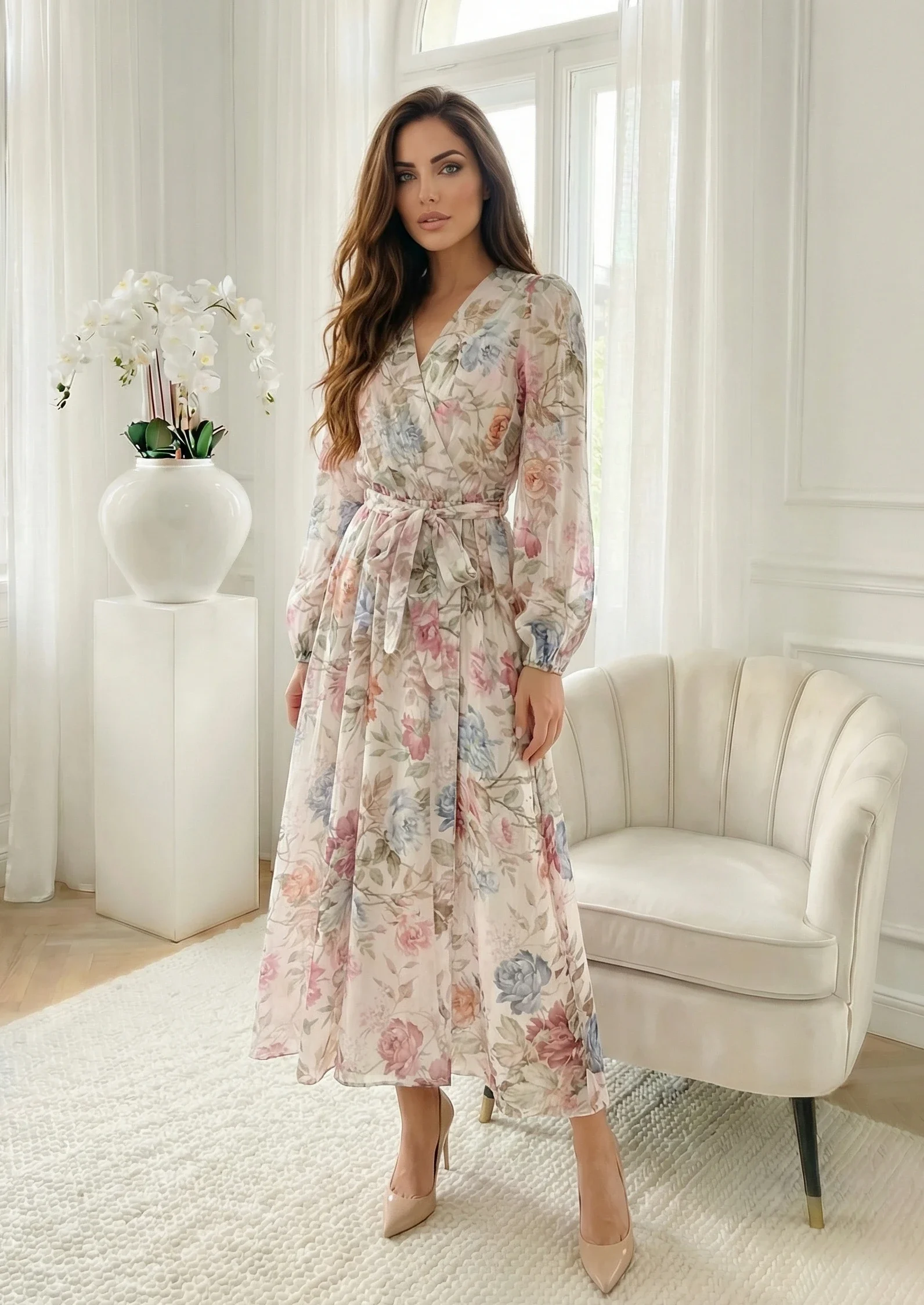 Rochie alba lunga din tencel cu ...