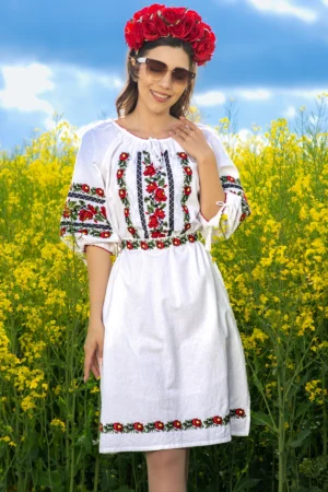 Rochie alba traditionala Crista din bumbac cu simbolul trandafirului