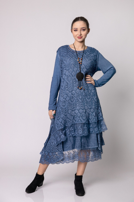 Rochie albastra boho chic cu volane