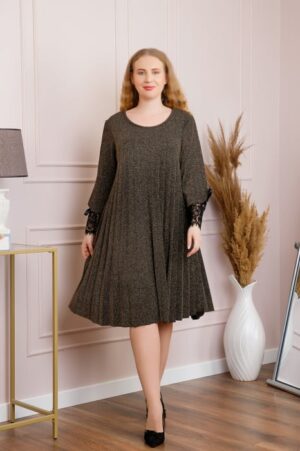 Rochie Amelie plisata aurie cu insertie de dantela
