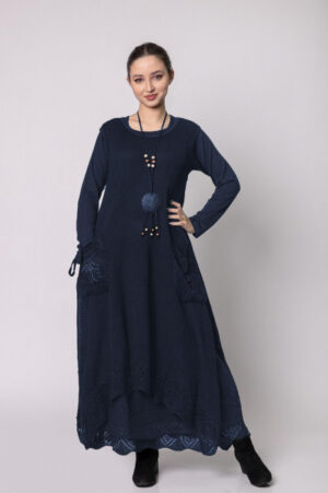 Rochie bleumarin boho chic cu baza asimetrica