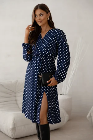 Rochie bleumarin cu buline albe