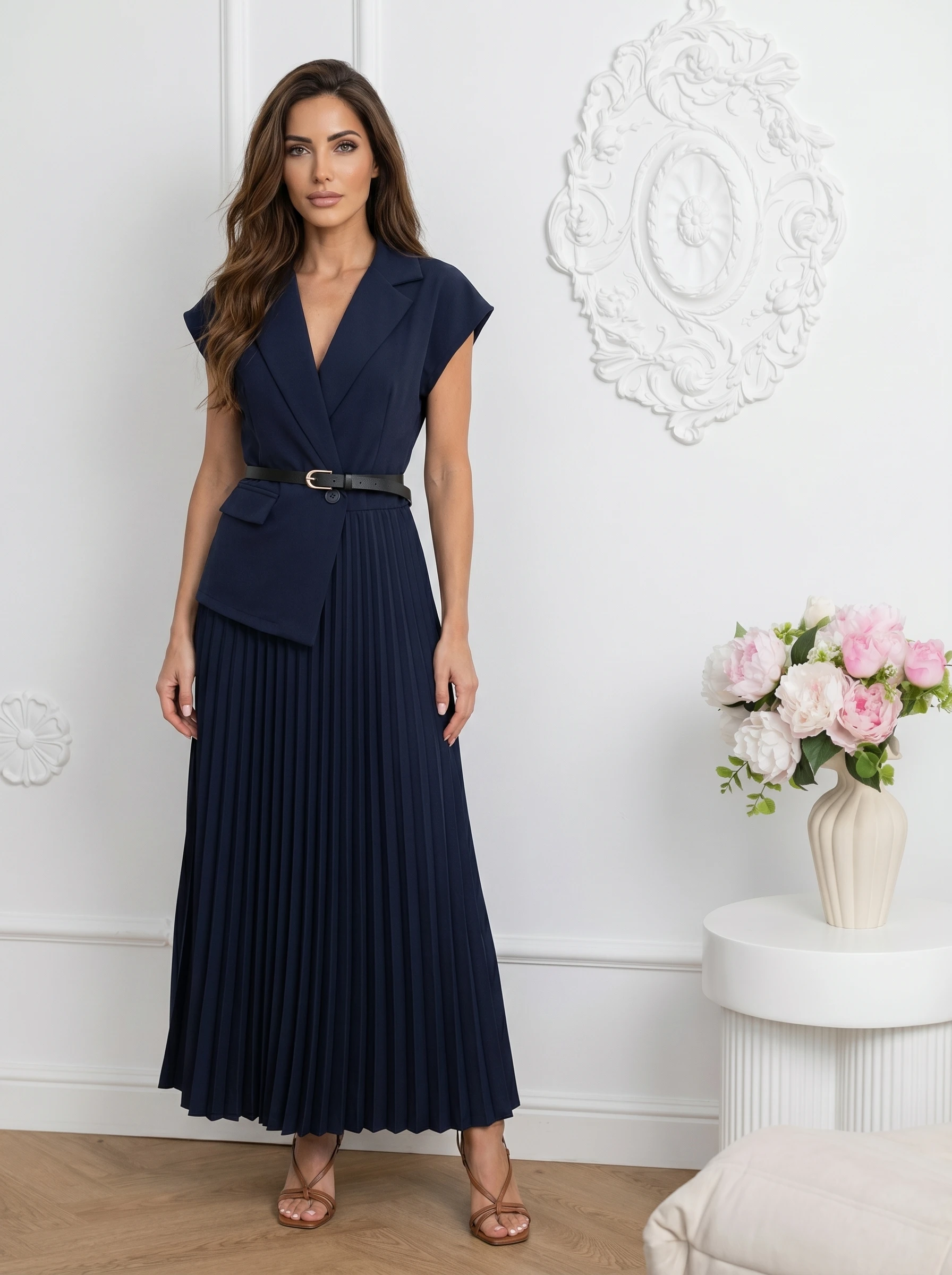 Reducere 28% - Rochie Bleumarin Elegantă Tip Sacou cu Fustă Plisată - imagine 2