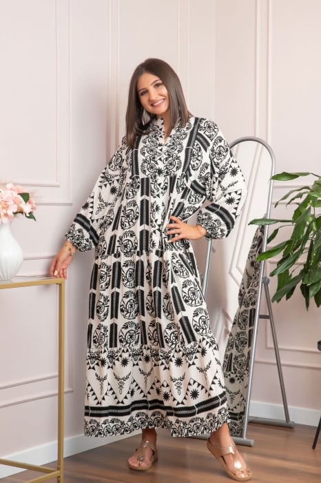 Rochie boho chic Daphne cu imprimeu negru floral