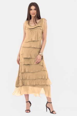 Rochie camel din matase si vascoza cu volane franjurate suprapuse