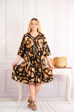 Rochie camel midi boho chic cu imprimeuri in degrade