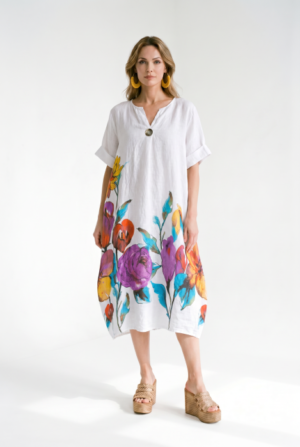Rochie midi din in cu imprimeu floral colorat si croi balon