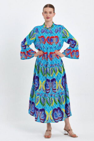Rochie cu imprimeu boho  pe fond albastru