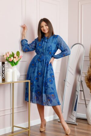 Rochie dama albastra Alessandra din voal cu imprimeu floral si cordon in talie