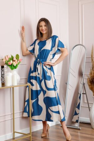 Rochie dama albastra Artemis cu imprimeu abstract si cordon in talie