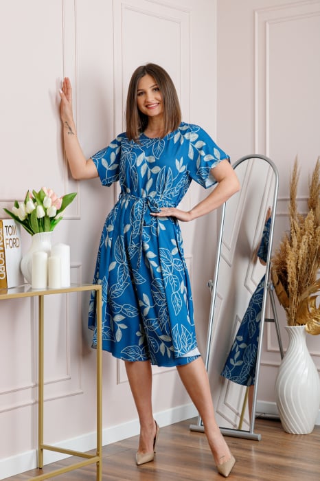 Rochie dama albastra Avery cu imprimeu floral si cordon in talie