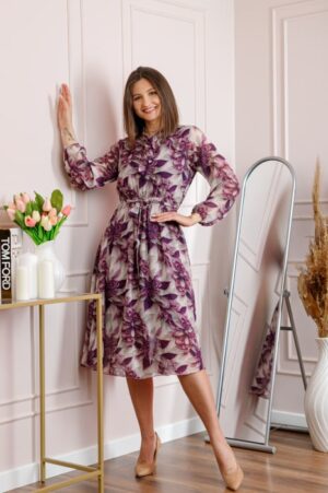 Rochie dama bej Alessandra din voal cu imprimeu floral si cordon in talie