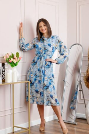 Rochie dama bleu Alessandra din voal cu imprimeu floral si cordon in talie