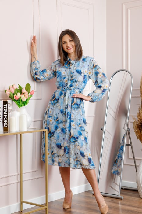 Rochie dama bleu Alessandra din voal cu imprimeu floral si cordon in talie