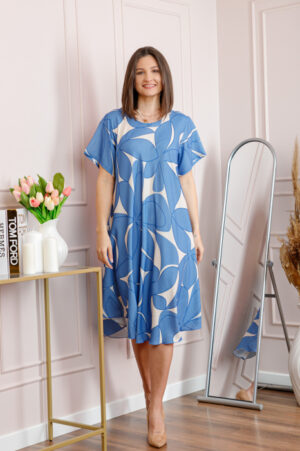 Rochie dama bleu plus size cu imprimeu floral si croi lejer Jany