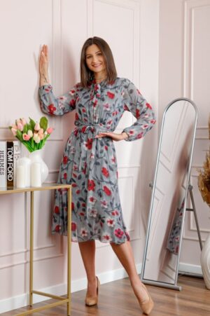 Rochie dama gri Alessandra din voal cu imprimeu floral si cordon in talie