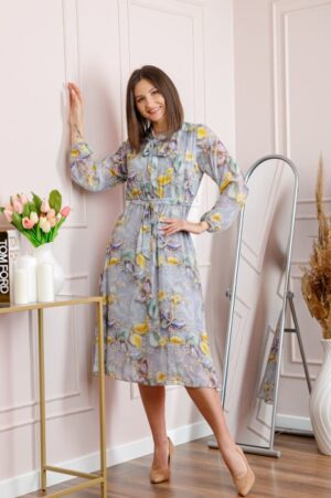 Rochie dama gri deschis Alessandra din voal cu imprimeu floral si cordon in talie