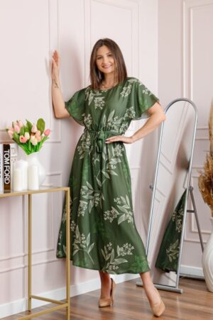 Rochie dama kaki Artemis cu imprimeu floral si cordon in talie