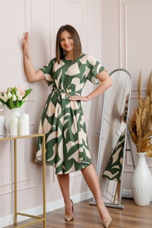 Rochie dama kaki Avery cu imprimeu abstract si cordon in talie