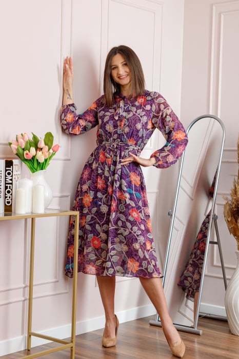 Rochie dama mov Alessandra din voal cu imprimeu floral si cordon in talie