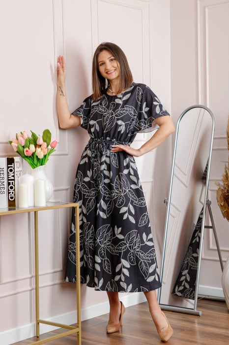 Rochie dama gri antracit Artemis cu imprimeu floral si cordon in talie