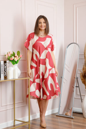 Rochie dama rosie plus size cu imprimeu abstract si croi lejer Jany
