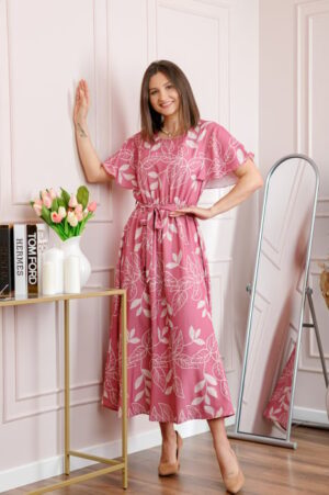 Rochie dama roz Artemis cu imprimeu floral si cordon in talie