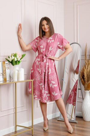 Rochie dama roz Avery cu imprimeu floral si cordon in talie
