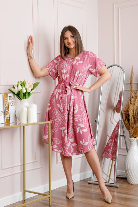 Rochie dama roz Avery cu imprimeu floral si cordon in talie