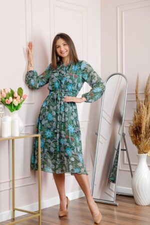 Rochie dama verde Alessandra din voal cu imprimeu floral si cordon in talie