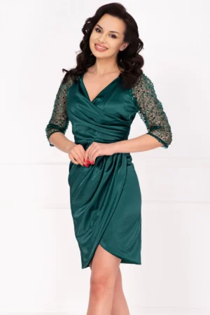 Rochie de ocazie conica verde Lillian cu fronseuri si maneci paietate
