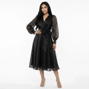 Rochie neagra din organza cu talie elastica si bust petrecut