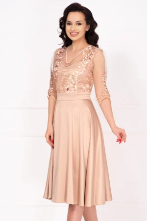 Rochie de ocazie eleganta bej Cristina cu bust brodat