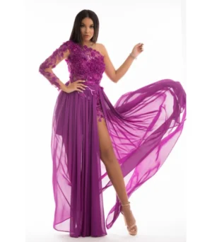 Rochie ocazie lunga din voal fucsia cu broderie florala 3D aplicata manual