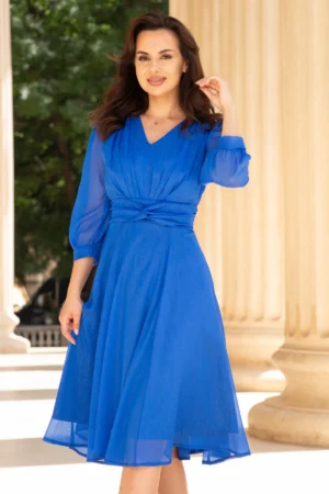 Rochie de ocazie midi albastra in clos Romina cu fir lurex