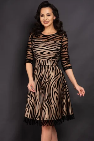 Rochie de ocazie midi Francesca cu model zebrat si dublura bej